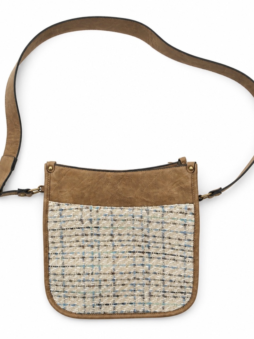 Tweed Front Tan Crossbody Bag with Adjustable Strap